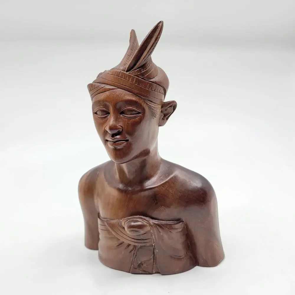 Vintage Bali Solid Carved Wooden Bust of a Young Man